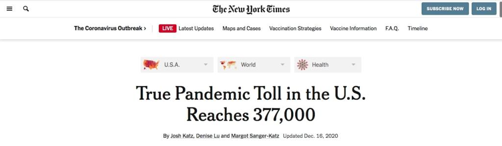 New York Times headline: True Pandemic Toll in the US Reaches 377,000
